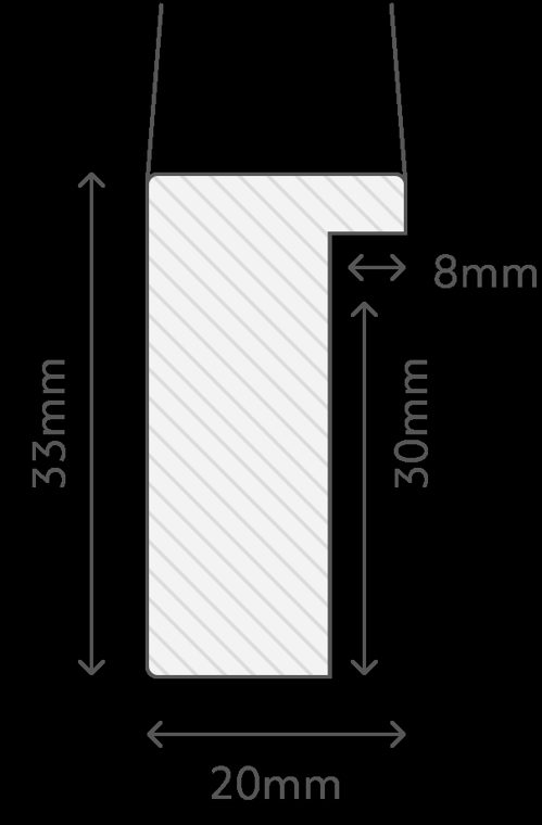 Cross-section diagram of a box frame moulding, 20mm wide and 33mm deep